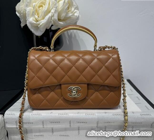 Sale Cheap Chanel Coco Bicolor Lambskin Mini Flap Bag with Top Handle AS2431 Brown/Yellow 2025