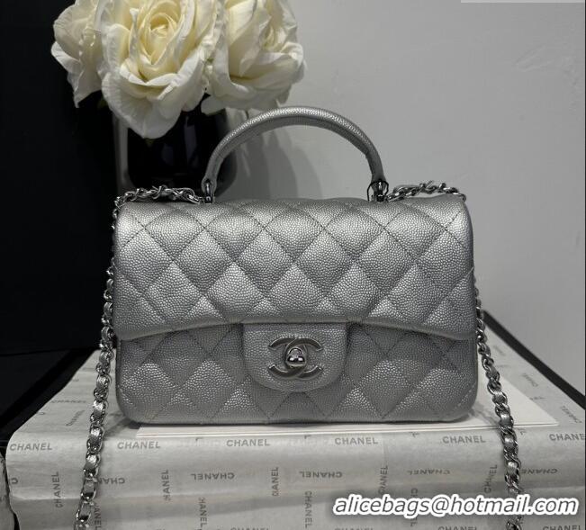 Top Design Chanel Coco Grained Calfskin Mini Flap Bag with Chain Top Handle AS2431 Silver 2025