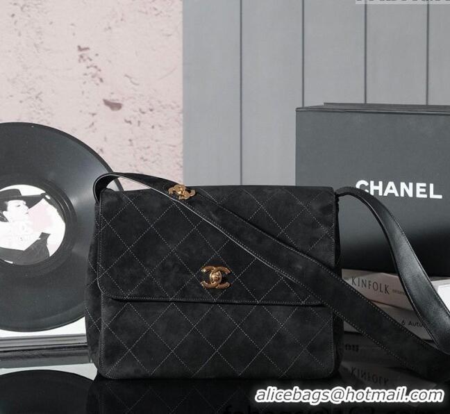 Buy Fashionable Chanel Vintage Suede Flap Bag with Wide Strap A99935 Black 2025