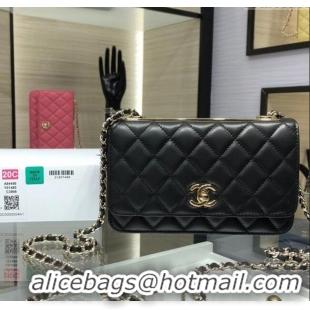 Free Shipping Chanel Lambskin Wallet On Chain WOC with Metal-Tone Band A84456 Black 2025