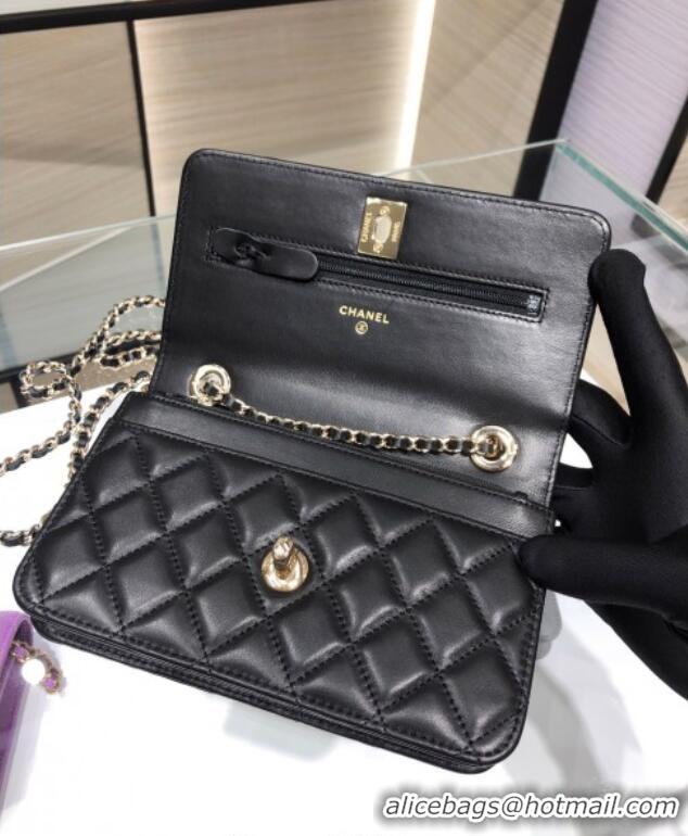 Free Shipping Chanel Lambskin Wallet On Chain WOC with Metal-Tone Band A84456 Black 2025