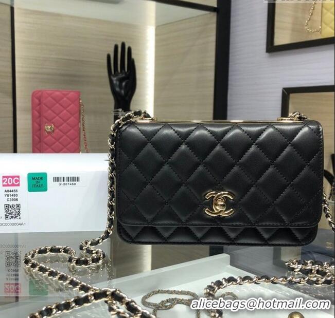 Free Shipping Chanel Lambskin Wallet On Chain WOC with Metal-Tone Band A84456 Black 2025