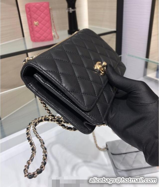 Free Shipping Chanel Lambskin Wallet On Chain WOC with Metal-Tone Band A84456 Black 2025