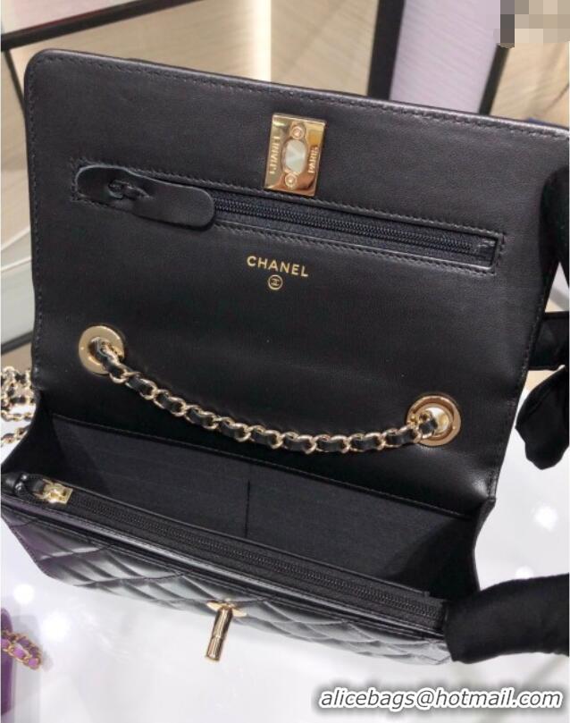 Free Shipping Chanel Lambskin Wallet On Chain WOC with Metal-Tone Band A84456 Black 2025