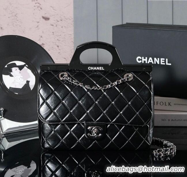 Famous Brand Chanel Vintage Oiled Calfskin Flap Bag with Top Handle Bag 8021 Black/Silver 2025