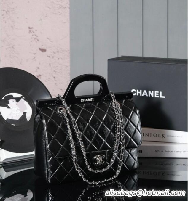 Famous Brand Chanel Vintage Oiled Calfskin Flap Bag with Top Handle Bag 8021 Black/Silver 2025