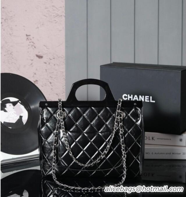 Famous Brand Chanel Vintage Oiled Calfskin Flap Bag with Top Handle Bag 8021 Black/Silver 2025