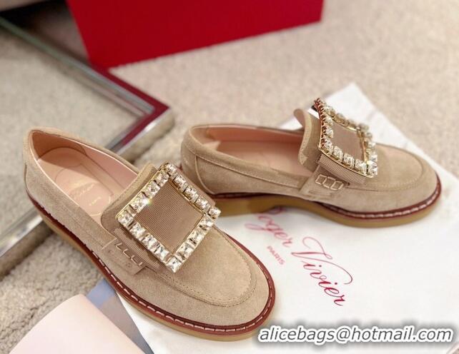 Top Grade Roger Vivier Viv' Rangers Strass Buckle Loafers in Beige Suede 1115125