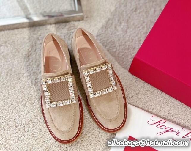 Top Grade Roger Vivier Viv' Rangers Strass Buckle Loafers in Beige Suede 1115125