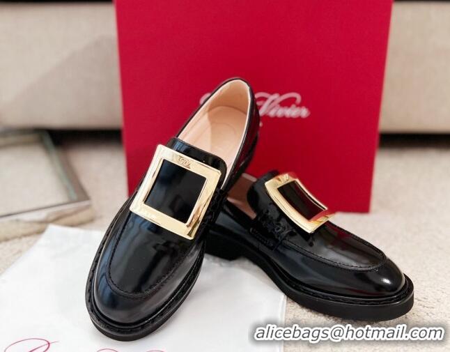 Unique Style Roger Vivier Viv' Rangers Metal Buckle Loafers in Black Patent Leather 1115127