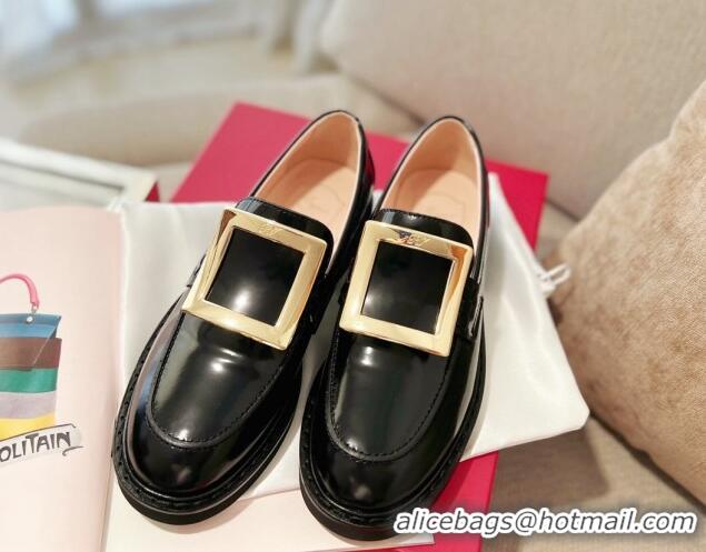 Unique Style Roger Vivier Viv' Rangers Metal Buckle Loafers in Black Patent Leather 1115127