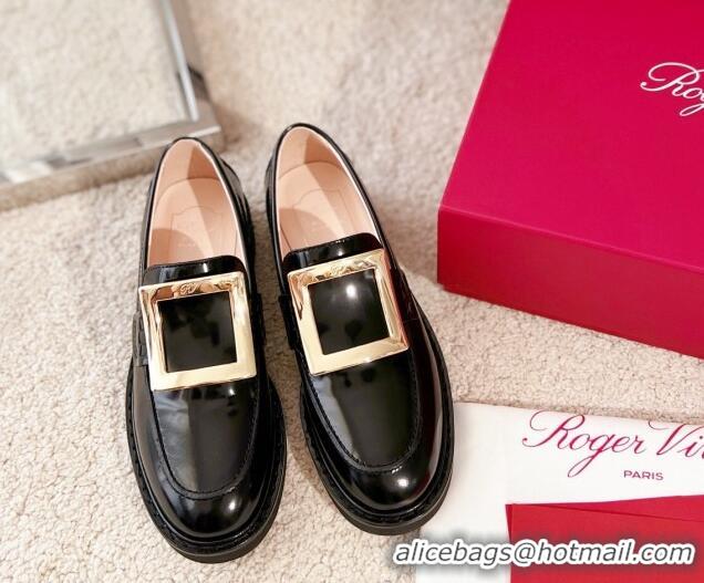 Unique Style Roger Vivier Viv' Rangers Metal Buckle Loafers in Black Patent Leather 1115127