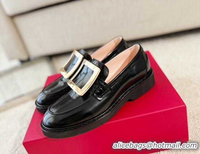 Unique Style Roger Vivier Viv' Rangers Metal Buckle Loafers in Black Patent Leather 1115127