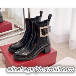 Good Quality Roger Vivier Viv' Rangers Strass Buckle Chelsea Boots 6cm in Shiny Leather Black 1115129