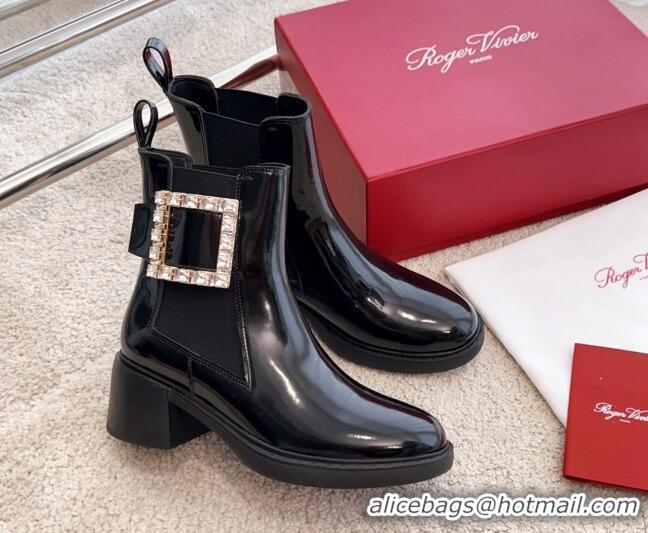 Good Quality Roger Vivier Viv' Rangers Strass Buckle Chelsea Boots 6cm in Shiny Leather Black 1115129