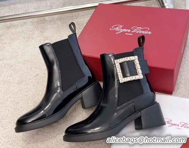 Good Quality Roger Vivier Viv' Rangers Strass Buckle Chelsea Boots 6cm in Shiny Leather Black 1115129