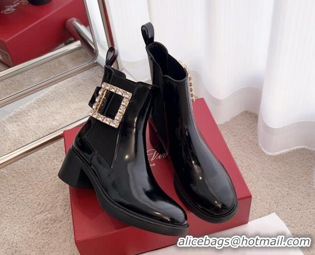 Good Quality Roger Vivier Viv' Rangers Strass Buckle Chelsea Boots 6cm in Shiny Leather Black 1115129