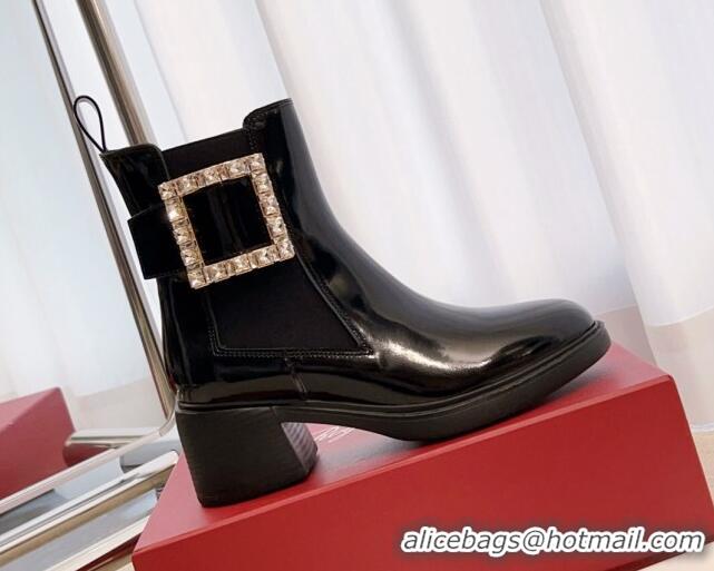 Good Quality Roger Vivier Viv' Rangers Strass Buckle Chelsea Boots 6cm in Shiny Leather Black 1115129