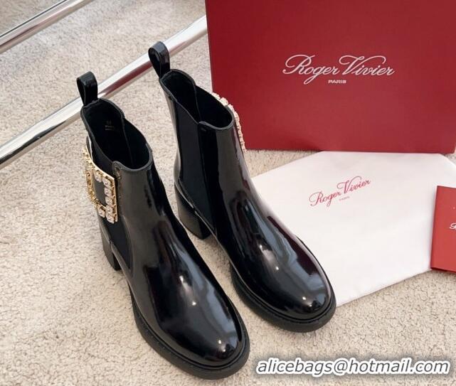 Good Quality Roger Vivier Viv' Rangers Strass Buckle Chelsea Boots 6cm in Shiny Leather Black 1115129