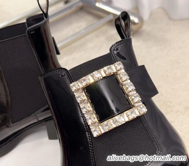 Good Quality Roger Vivier Viv' Rangers Strass Buckle Chelsea Boots 6cm in Shiny Leather Black 1115129