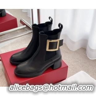 Pretty Style Roger Vivier Viv' Rangers Metal Buckle Chelsea Boots 6cm in Leather Black 1115130