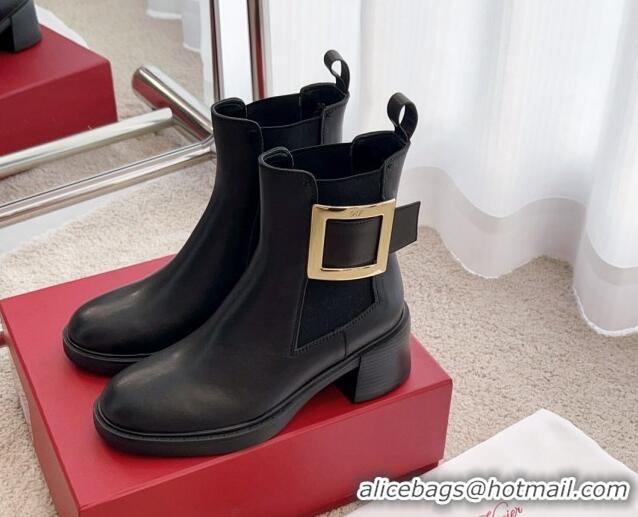 Pretty Style Roger Vivier Viv' Rangers Metal Buckle Chelsea Boots 6cm in Leather Black 1115130