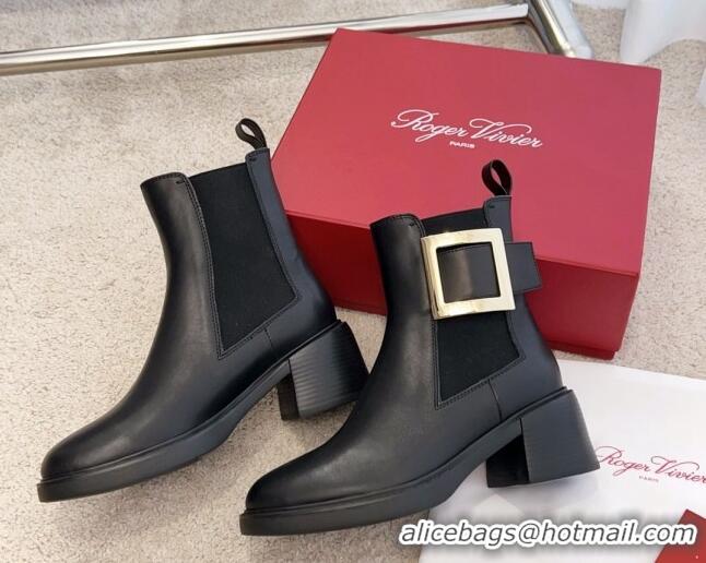 Pretty Style Roger Vivier Viv' Rangers Metal Buckle Chelsea Boots 6cm in Leather Black 1115130