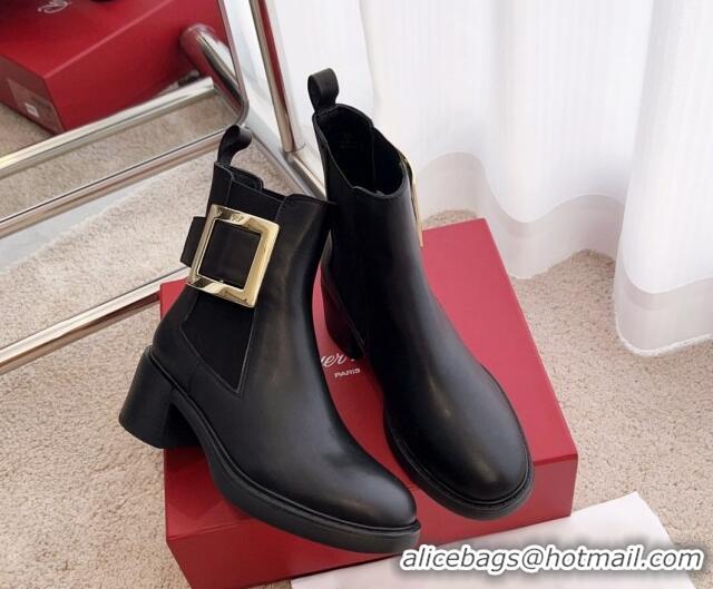 Pretty Style Roger Vivier Viv' Rangers Metal Buckle Chelsea Boots 6cm in Leather Black 1115130