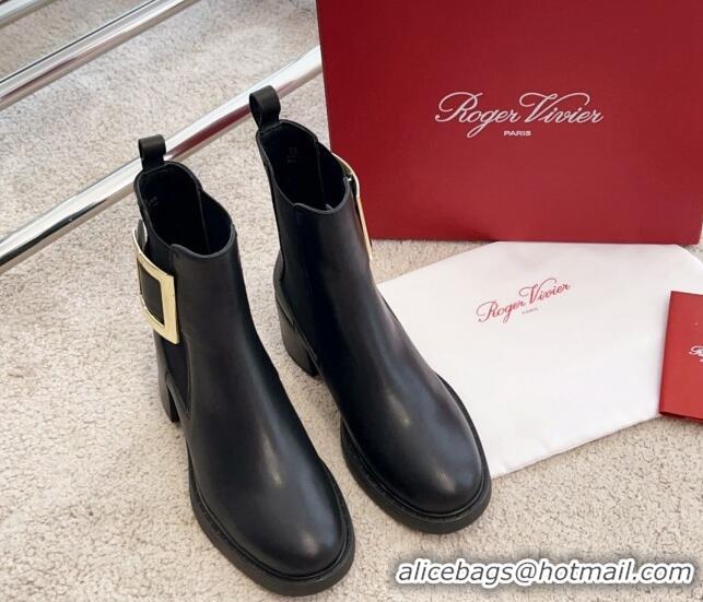 Pretty Style Roger Vivier Viv' Rangers Metal Buckle Chelsea Boots 6cm in Leather Black 1115130