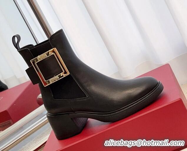 Pretty Style Roger Vivier Viv' Rangers Metal Buckle Chelsea Boots 6cm in Leather Black 1115130