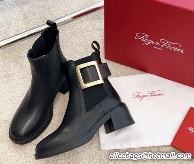 Pretty Style Roger Vivier Viv' Rangers Metal Buckle Chelsea Boots 6cm in Leather Black 1115130