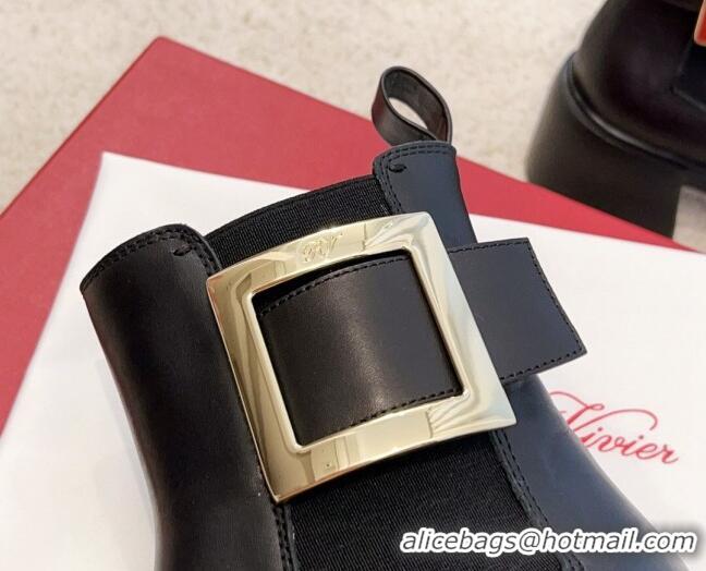 Pretty Style Roger Vivier Viv' Rangers Metal Buckle Chelsea Boots 6cm in Leather Black 1115130