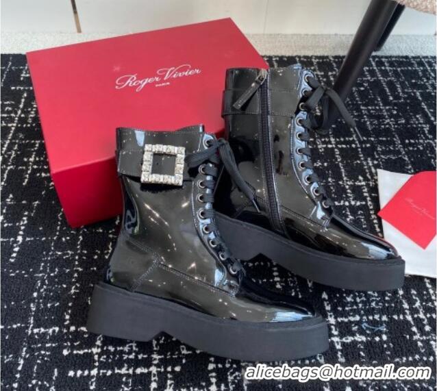 Purchase Roger Vivier Viv' Rangers Strass Buckle Platform Combat Ankle Boots 6cm in patent leather 1115133