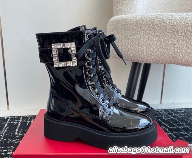 Purchase Roger Vivier Viv' Rangers Strass Buckle Platform Combat Ankle Boots 6cm in patent leather 1115133