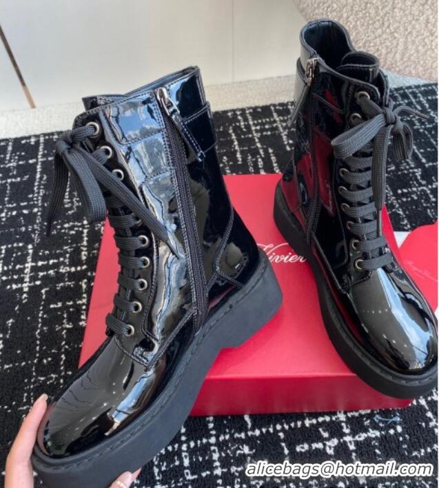 Purchase Roger Vivier Viv' Rangers Strass Buckle Platform Combat Ankle Boots 6cm in patent leather 1115133