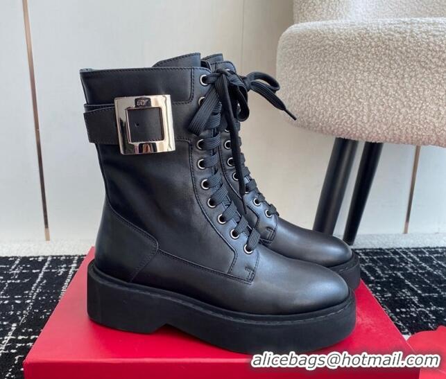 Luxurious Roger Vivier Viv' Rangers Metal Buckle Platform Combat Ankle Boots 6cm in black leather 1115134