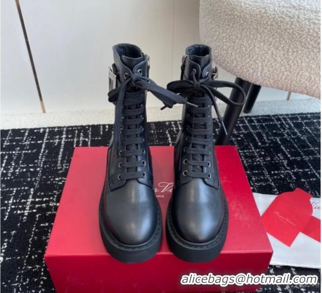 Luxurious Roger Vivier Viv' Rangers Metal Buckle Platform Combat Ankle Boots 6cm in black leather 1115134