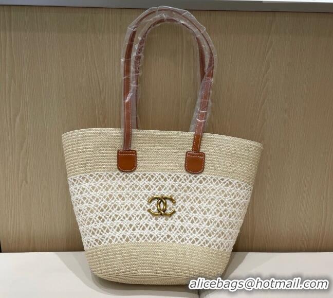 Buy Discount Chanel Crochet Straw Basket Bag 0312 Light Beige 2025