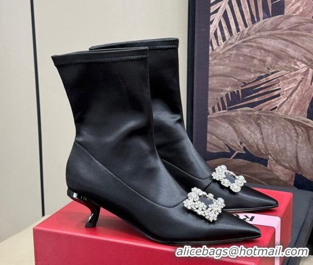 Charming Roger Vivier Flower Strass Buckle Ankle Boots in black satin 1115136