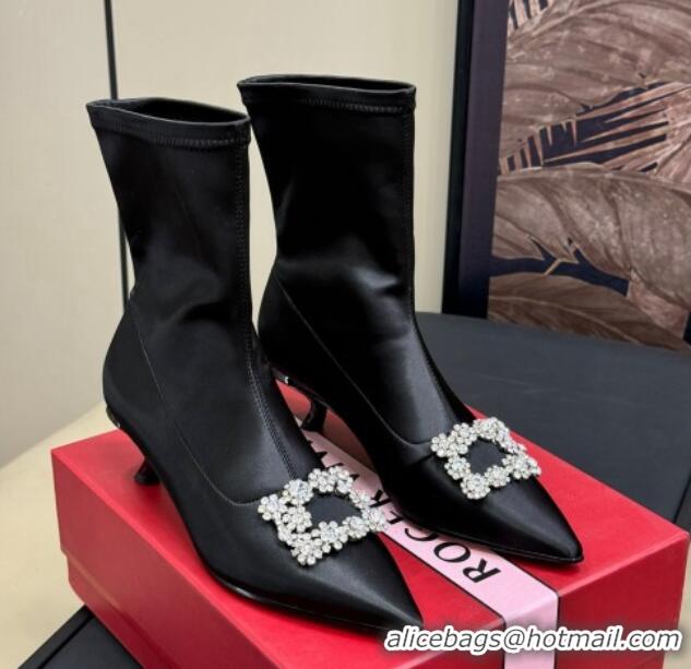 Charming Roger Vivier Flower Strass Buckle Ankle Boots in black satin 1115136