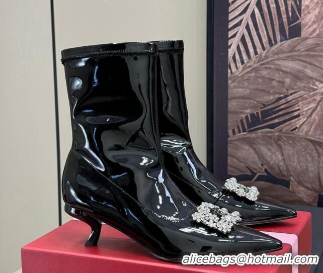 Grade Quality Roger Vivier Flower Strass Buckle Ankle Boots in black patent leather 1115137