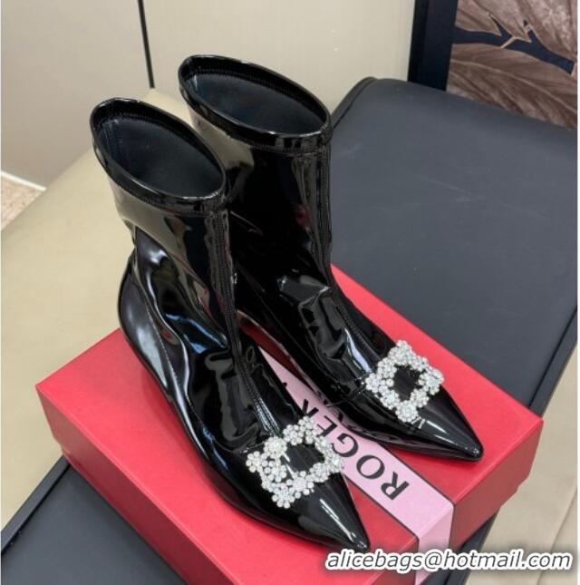 Grade Quality Roger Vivier Flower Strass Buckle Ankle Boots in black patent leather 1115137