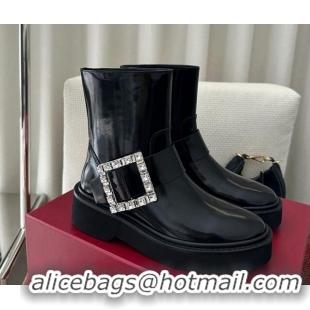 Best Price Roger Vivier Viv' Rangers Strass Buckle Platform Ankle Biker Booties in black shiny leather 1115138