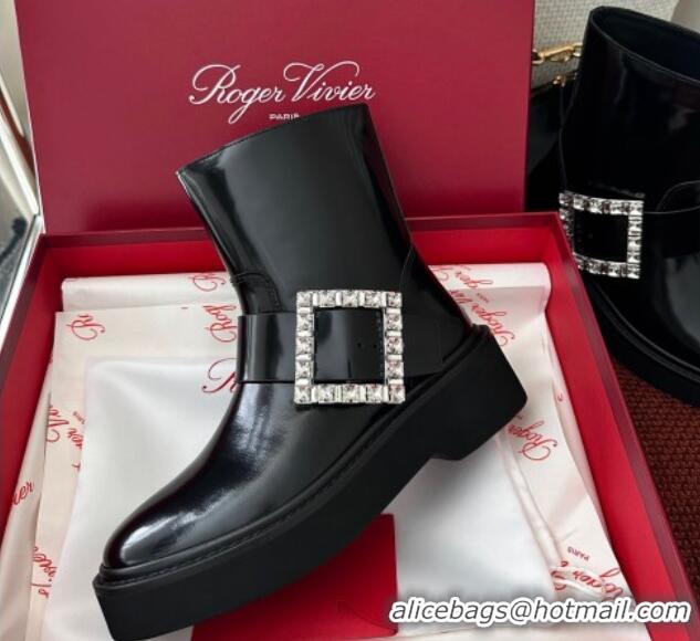 Best Price Roger Vivier Viv' Rangers Strass Buckle Platform Ankle Biker Booties in black shiny leather 1115138