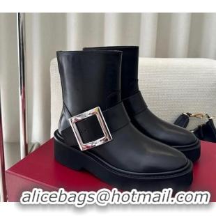 Best Grade Roger Vivier Viv' Rangers Metal Buckle Platform Ankle Biker Booties in black leather 1115139