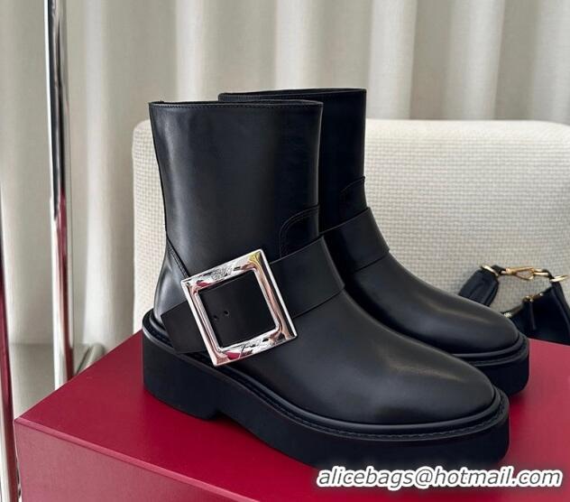 Best Grade Roger Vivier Viv' Rangers Metal Buckle Platform Ankle Biker Booties in black leather 1115139