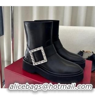 Perfect Roger Vivier Viv' Rangers Strass Buckle Platform Ankle Biker Booties in black calf leather 1115140