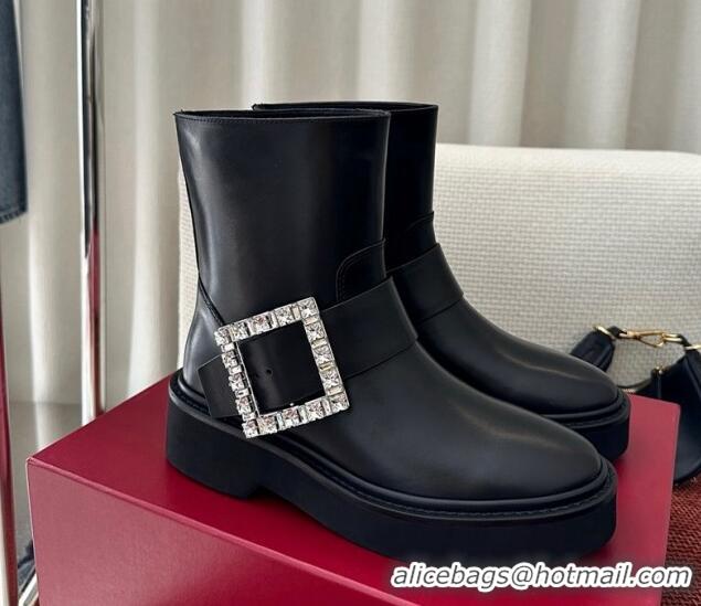 Perfect Roger Vivier Viv' Rangers Strass Buckle Platform Ankle Biker Booties in black calf leather 1115140