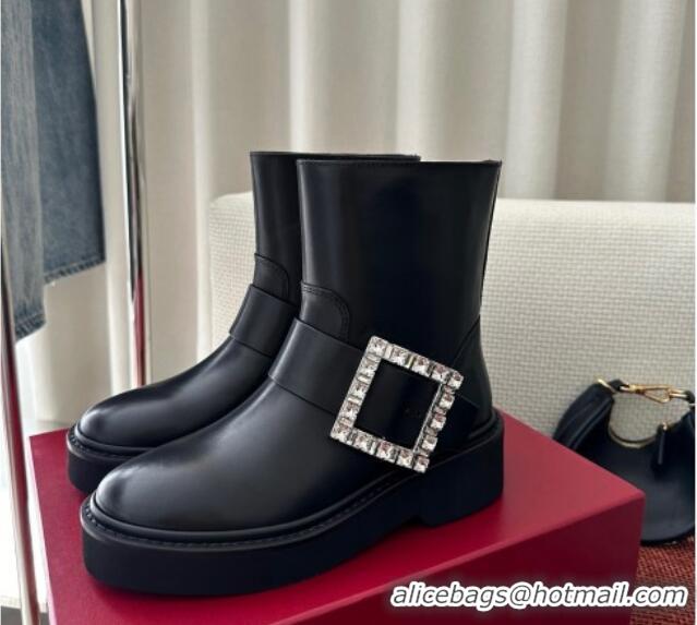 Perfect Roger Vivier Viv' Rangers Strass Buckle Platform Ankle Biker Booties in black calf leather 1115140