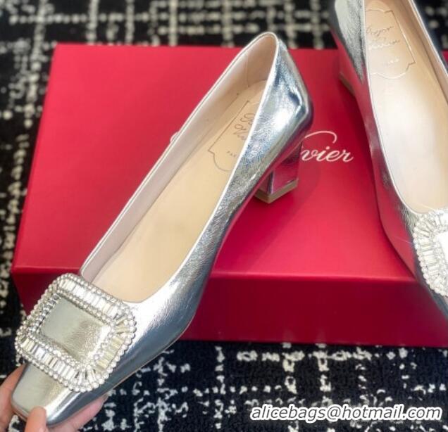 Shop Duplicate Roger Vivier Belle Vivier Strass Buckle Pumps 4.5cm in Calfskin Leather Silver 1225096